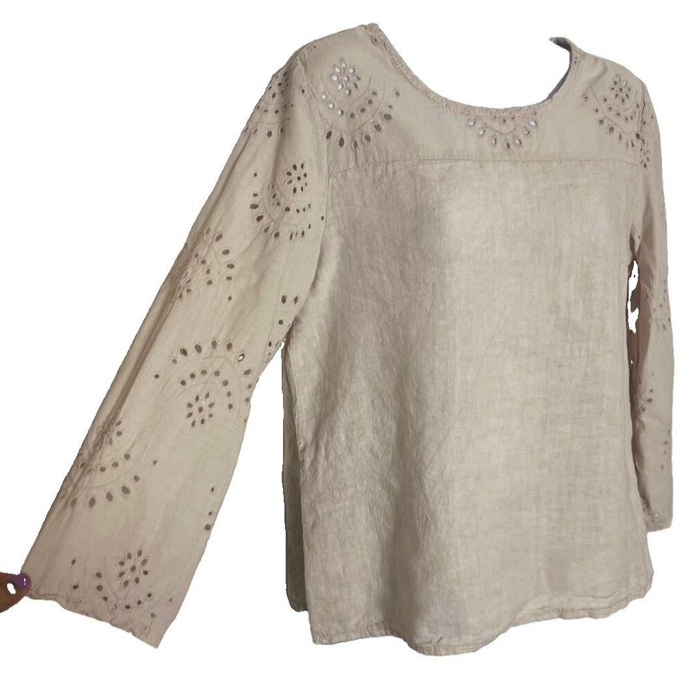 Francesca Bettini Womens Linen Blouse Medium Lagenlook Minimalist Eyelet Italy - Picture 4 of 10